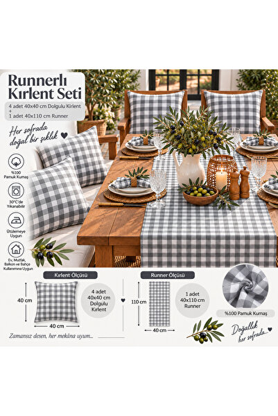 Sister Home Design Runnerli Kırlent Seti 5 Parça Kareli Ekose 4 Adet 40x40 Do...