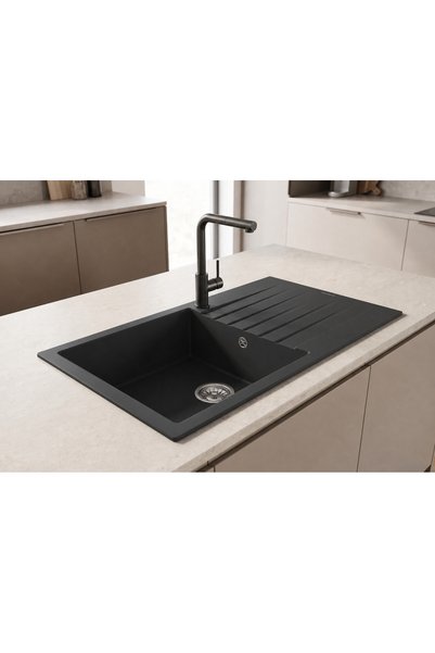 GÜNEY ANKASTRE RealStone P014 LOADIKYA 86 XL 86×50 cm Antrasit Granit Evye + Tekli Sifon ve Montaj Takımı Seti