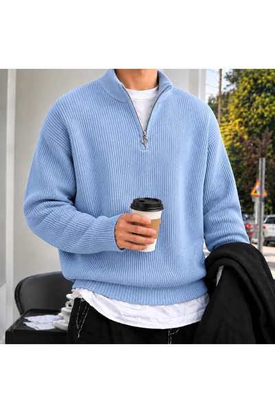 threeoff Men's Half Zippered Thessaloniki Knitwear Sweater High Collar Oversi...