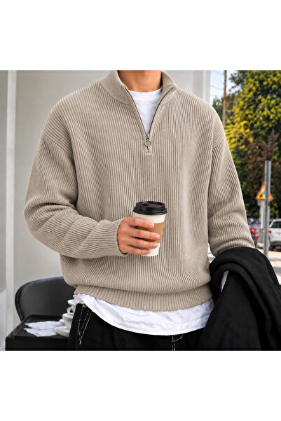 threeoff Men's Half Zippered Thessaloniki Knitwear Sweater High Collar Oversi...