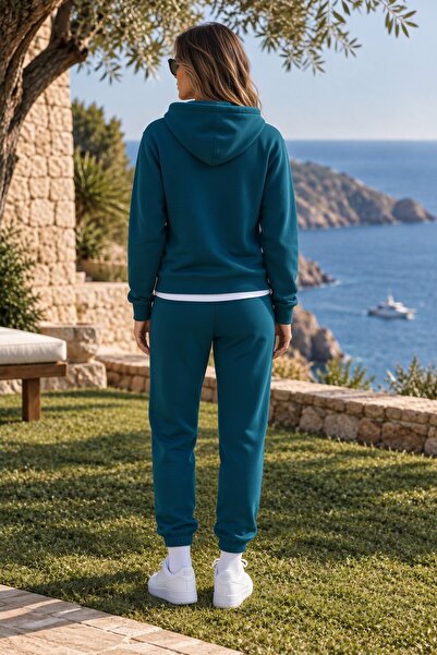 Combineman35 BALANCE Kadın Petrol Mavisi Kapüşonlu Fermuarlı Eşofman Takımı – Jogger Pantolonlu Premium Spor Kombin