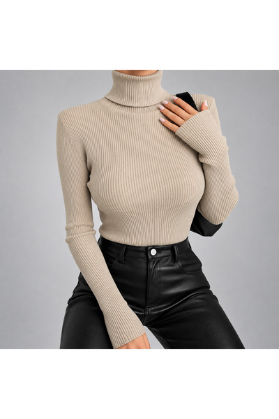 threeoff kadın Balıkçı Yaka Fitilli Triko Kazak Slim Fit Uzun Kollu Esnek Bas...