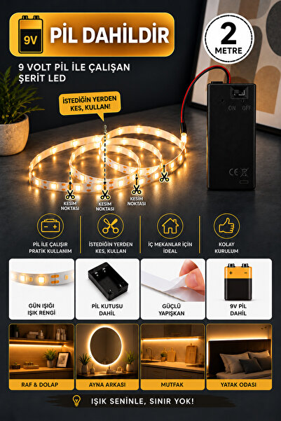 FIDUCIA Pilli Şerit LED 2 Metre Gün Işığı 9V Pil Dahil Yapışkanlı Kesilebilir...