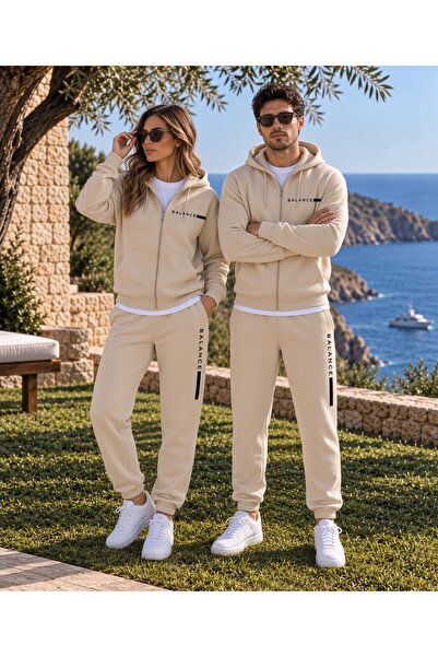 Combineman35 BALANCE Unisex Bej Kapüşonlu Fermuarlı Sweatshirt Jogger Eşofman Takımı – Premium Çift Kombin