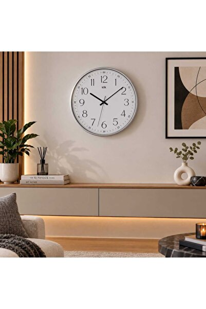 Klik İnce Çerçeve Gümüş Renk Duvar Saati 30 cm Sessiz