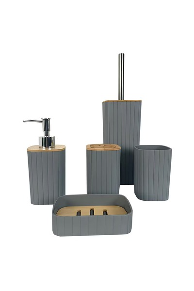 Velaris Set 5 accesorii de baie, design minimalist, detalii din bambus, gri