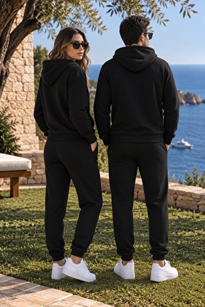 Combineman35 BALANCE Unisex Siyah Kapüşonlu Fermuarlı Eşofman Takımı – Premium Çift Kombin