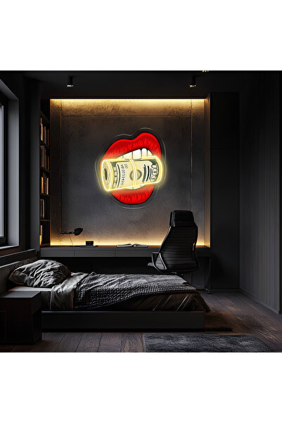 Peony Wood Craft Pop Art Dudak Neon Duvar Dekoru | Para Rulosu Isıran Dudak T...