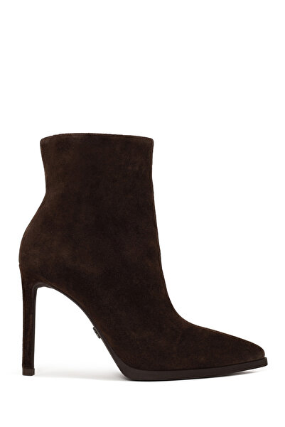 Derimod Women's Brown Zippered High Thin Heeled Suede Leather Boots Af530023Ds