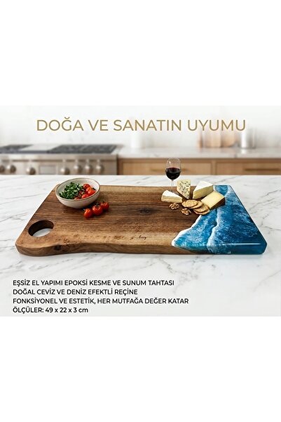 (İsim Yazdırmak Ücretsiz ) 49x22 cm Özel Tasarım Epoksi Reçine Ceviz Ağacı Deniz Manzaralı Sunum Tahtası