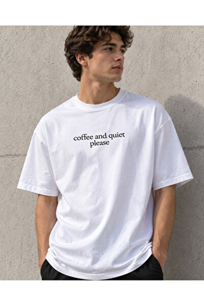 Coffee And Quiet Please Unisex Oversized T-Shirt, Minimalist Yazı Baskılı T-Shirt