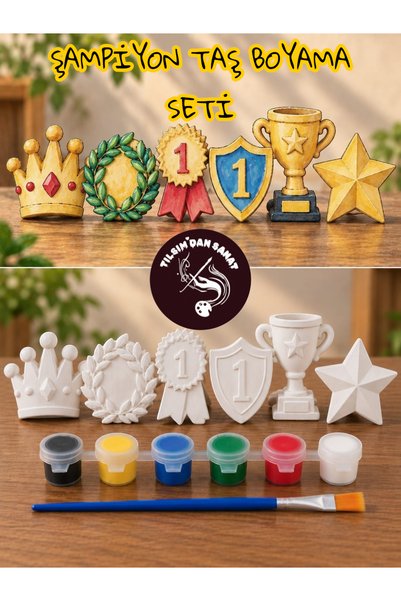 Şampiyon Taş Boyama Seti (6 Taş Obje + 6 Renk Boya + 1 Fırça + Boyama Sertifikası)