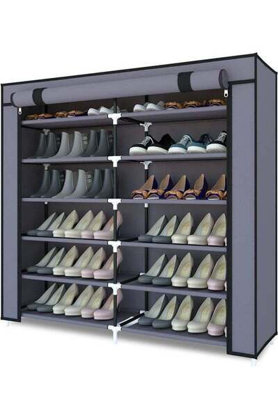 Simple Double Row Non Woven Dustproof Shoe Rack, Multi Layer Shoe Rack With Large Capacity, Simple Assembly, Gray