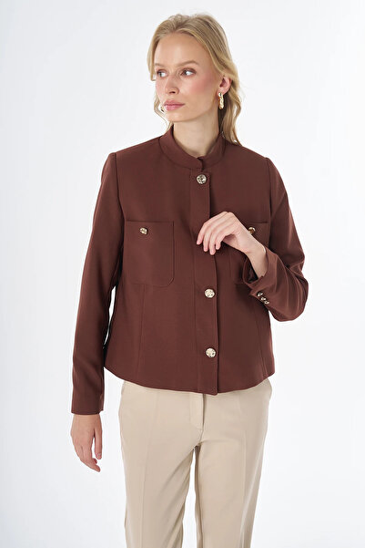 Kayra Gold Buttoned Short Jacket Brown