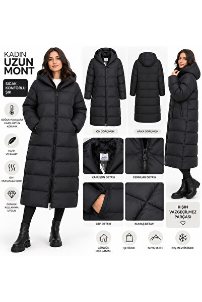 Ravello Collection Kadın Kapüşonlu Uzun Şişme Mont Siyah