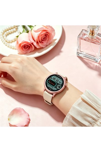 RollsTimi Pink gold round ladies smart watch, fashion silicone strap, heart rate, sleep and exercise tracking, message reminder, gift watch for women