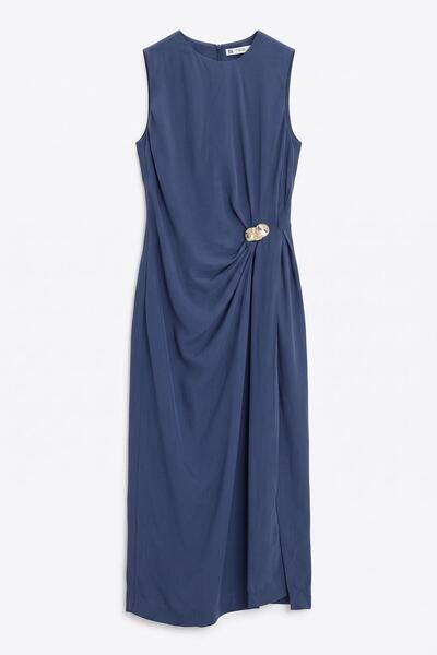 BSL Tencel Drape Detaylı Midi Elbise