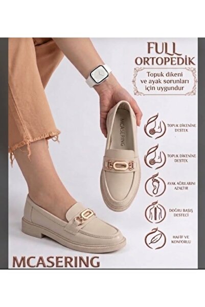 MCASERING Günlük Kadın / Kız OXFORD Kolej Loafer Ayakkabı Bej G Tokalı