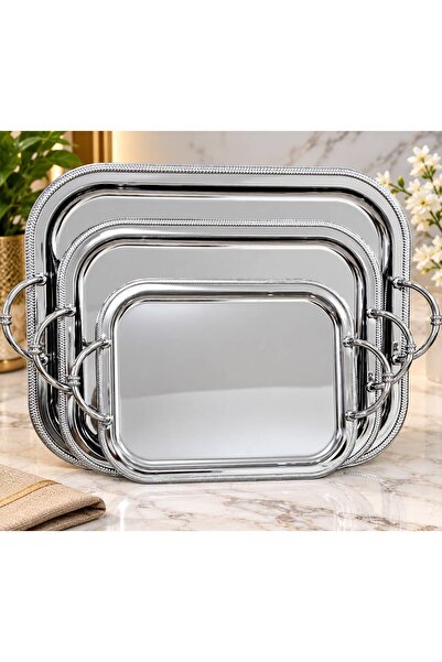 aljahwari Silver Serving Tray Set 3 Pieces Heavy