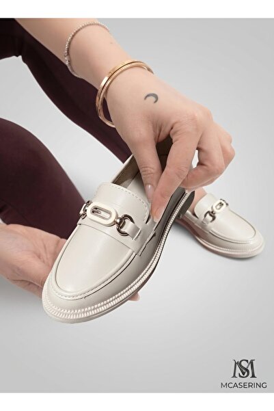 MCASERING Günlük Kadın / Kız OXFORD Kolej Loafer Ayakkabı Bej G Tokalı