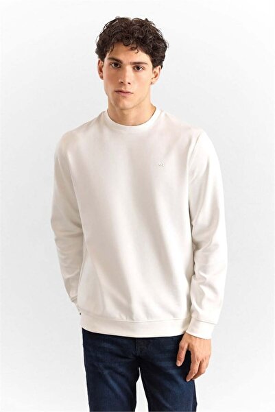 SÜVARİ Beyaz Regular Düz Baskılı Düz Bisiklet Yaka Cepsiz Ribanalı Sweatshirt