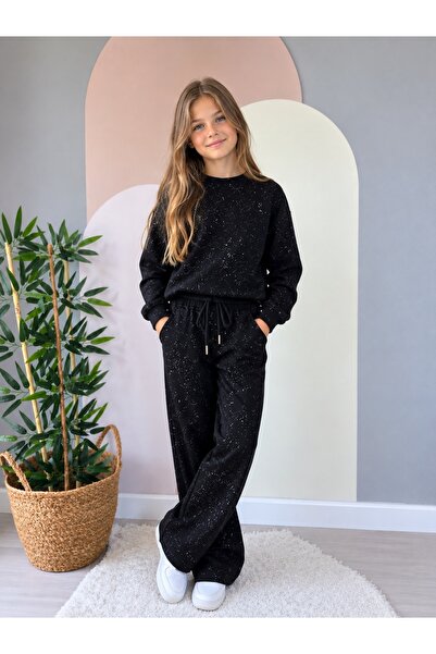 DUDOR KİDS Girls' Glittery Black Tracksuit Set