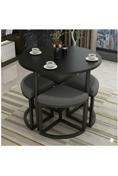 BUEM MOBİLYA ALARA 90 CM ÇAP SİYAH METAL YUVARLAK YEMEK MASASI TAKIMI 4 KİŞİL...