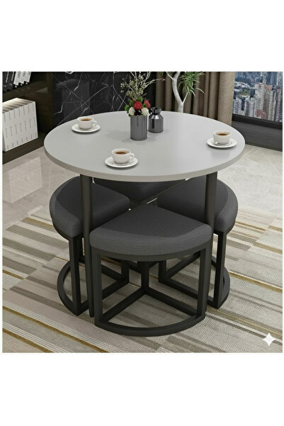 BUEM MOBİLYA ALARA 90 CM ÇAP SİYAH METAL YUVARLAK YEMEK MASASI TAKIMI 4 KİŞİL...
