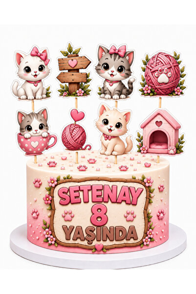 telaşe memuru İSİMLİ - Kedi Temalı Pasta Süsü Çubuklu ve Şeker Kağıtlı Doğum ...