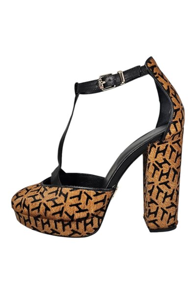 NO BRAND Pantofi de damă din piele cu păr de ponei maro, cu toc masiv de 12 cm.