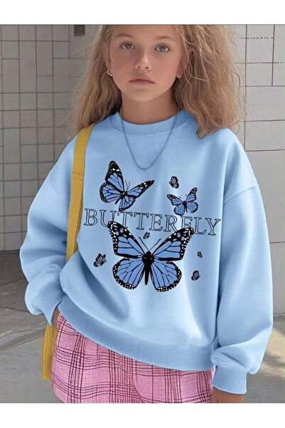 MORNİNG KİDS Girl's Blue Butterflies Printed Crew Neck Baby Blue Sweatshirt