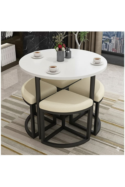 BUEM MOBİLYA ALARA 90 CM ÇAP SİYAH METAL YUVARLAK YEMEK MASASI TAKIMI 4 KİŞİL...