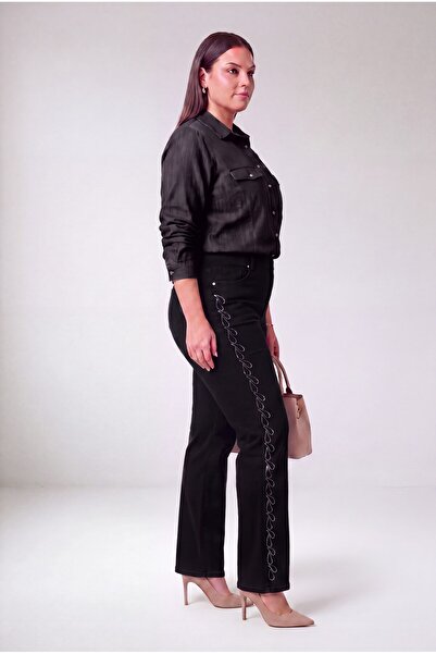 RMG Large Size Jeans with Stone Embellishments on the Sides, Black