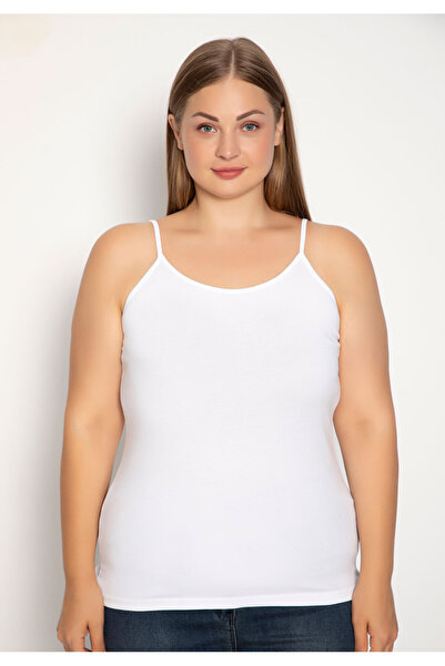 Siyah İnci Φανελάκι γυναικείο Plus Size με λεπτή τιράντα Basic - Λευκό