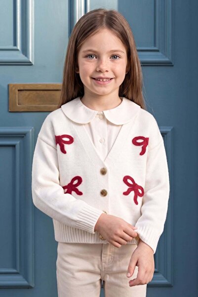Fulla Moda Ribbon Embroidered V-Neck Girls' Knitwear Cardigan