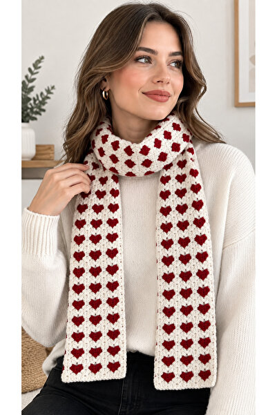Walora Love Collection El Örgüsü Kalpli Kadın Atkı – Beyaz & Kırmızı Kalp Des...