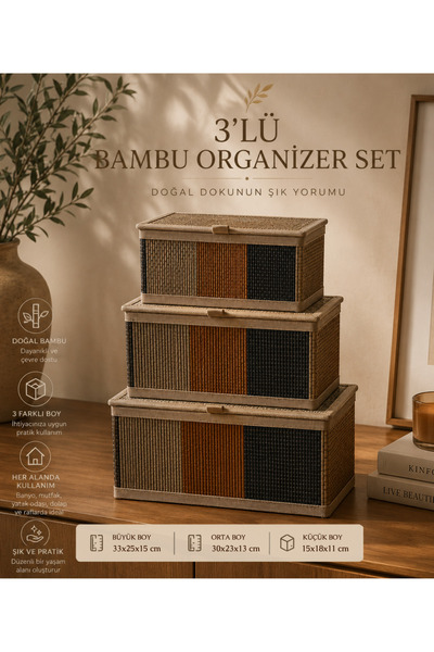 Le Paon 3’lü Bambu Organizer Seti Kapaklı Saklama Kutusu Çok Amaçlı Banyo Mut...
