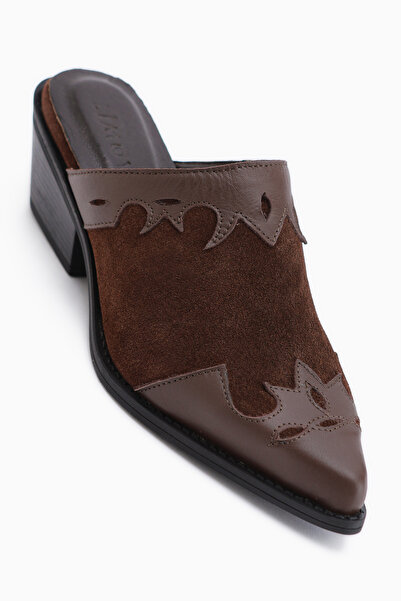 Limoya Annika Genuine Leather Brown Embroidered Women's Slippers