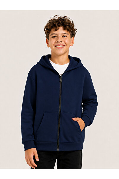 KİDSPİTİRCİK UNISEX ÇOCUK LACİVERT %100 PAMUK 3 İPLİK ŞARDONSUZ HIRKA (4-MEVS...