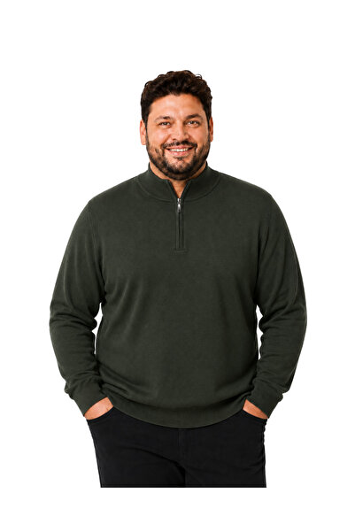 BattalModa Men's Large Size Khaki Zipper Stand Collar Cotton Sweater 3Xl-4Xl-...
