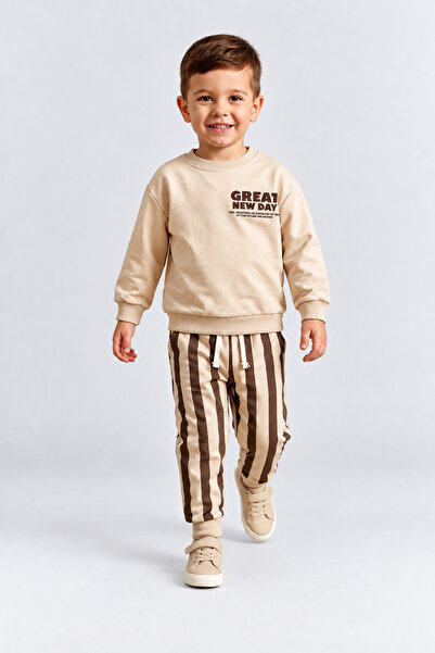 AHENGİM Boy's Great New Day Printed Sweatshirt and Striped Sweatpants 2-Piece...