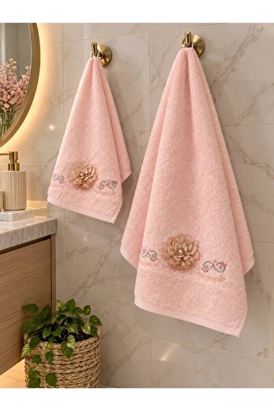 AHSEN TASARIM 2-Piece Flower-Detail Cotton Towel Set with Mother and Daughter...
