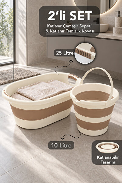Meleni Home 2'li Katlanabilir Banyo Seti - 25Lt Silikon Kulplu Çamaşır Sepeti...