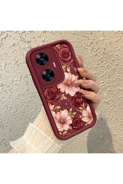 ARTISHELL Realme C55 Uyumlu İnce Hafif Şarap Kırmızı Çiçekli Telefon Kılıfı D...