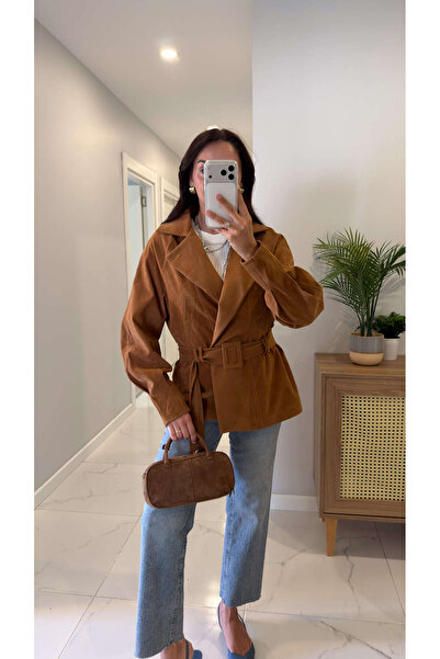 BİRCANÇİL Golle Camel Reklan Sleeve Suede Belted Jacket