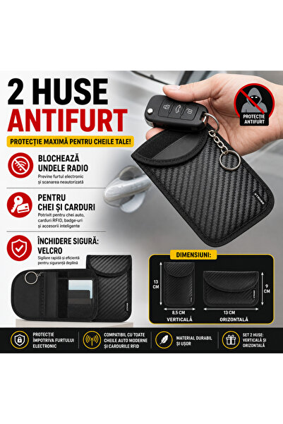 SMARTECH Set 2 husa protectie antifurt pentru chei si carduri, Cu carabiniera...