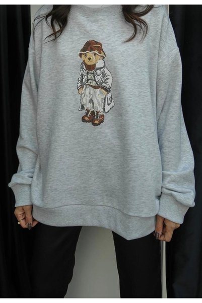 VIORA FASHION Gray Coat Teddy Printed Sweatshirt