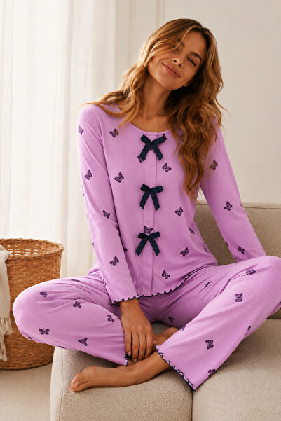 ELİTOL Reported Viscose Bow Detailed Overlocked Round Neck Long Sleeve Patter...