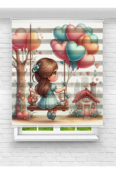 evana home Salıncakta Sallanan Kız Ve Kalp Balon Desenli Dijital Zebra Perde ...