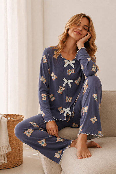 ELİTOL Reported Viscose Bow Detailed Overlocked Round Neck Long Sleeve Patter...
